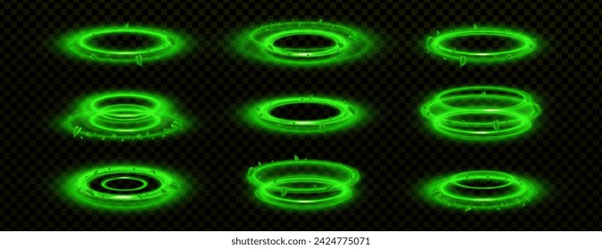 Neon green circle portal or platform with light glow overlay effect. Realistic vector set of futuristic magic ring podium with glare and glitter. Hologram or teleport game pedestal with hole.: wektor stockowy