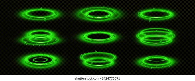 Portail ou plate-forme en cercle vert néon avec effet de superposition lumineuse. Ensemble d'images vectorielles réalistes de podium magique futuriste avec éclat et éclat. Hologramme ou piédestal de jeu de téléport avec trou. : image vectorielle de stock