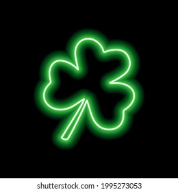 La hoja de trébol verde neón sobre un fondo negro. Ilustración del vector