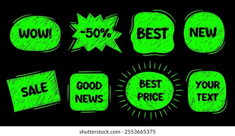 Neon green color hand drawn ink pen brush stroke text blocks. Set of hand drawing bright vector banners.