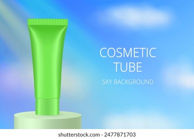 Neon green cosmetic tube on a podium. Realistic mockup. Ointment or salve. Gel serum. Korean packaging. Sky, clouds, rays of light and rainbow	