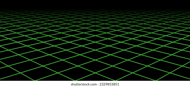 Neon green diagonal wireframe grid. Fading checkered tile floor landscape. Horizontal chessboard plane vanishing in perspective. Flat lattice surface background. Vector illustration 