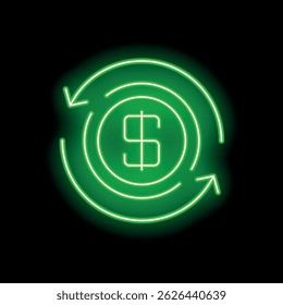 Neon green dollar sign rotating with two green arrows on a black background representing money circulation