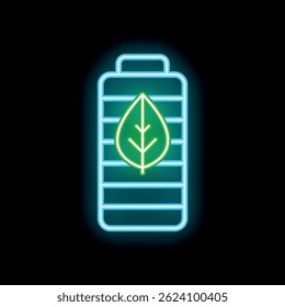 Neon green eco friendly battery icon glowing on a black background representing sustainable energy