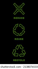 neon green eco symbols 3 R s of the environment reduce reuse recycle black background vector icons