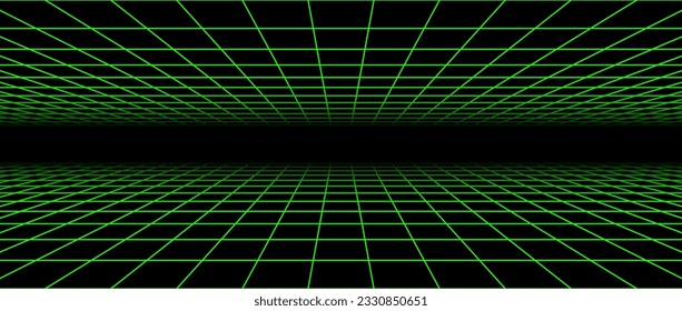 Malla de alambre plana verde neón. Desvaneciendo el concepto de suelo y techo a cuadros. Los planos horizontales del tablero de ajedrez se desvanecen en perspectiva. Fondo de la superficie del entramado superior e inferior. vector abstracto 