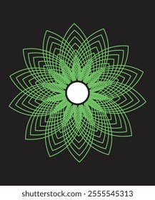 A neon green flower with symmetrical petal designs, glowing vibrantly on a dark background