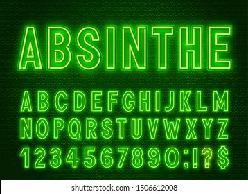 Neon green font, light alphabet with numbers on a dark background.