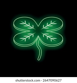 Neon green four leaf clover glowing on black background, representing luck and good fortune