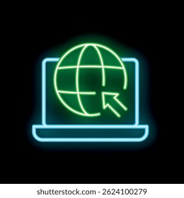 Neon green globe with a cursor is displayed on a laptop screen, representing internet browsing, online communication, and global connectivity