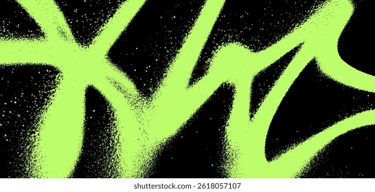 Neon green graffiti spray creates a dynamic grunge texture, emphasizing bold lines and fluid shapes against a dark backdrop. The artwork reflects urban creativity and energy.