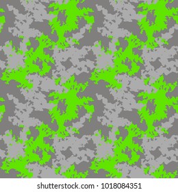 Neon green and gray UFO camouflage is a bright seamless pattern. Can be used as a camo print for clothing and background and backdrop or computer wallpaper