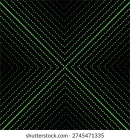 Neon Green Halftone Cross Pattern on Black Background.