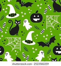 Padrão de vetor de ícones de Halloween verde neon. Ilustração retrô de Halloween padrão vetor sem costura no fundo verde neon.