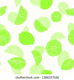 Neon green hand drawn citrus fruit silhouettes with transparent layering effect on white. Seamless vector pattern. Great for home decor, fabric, stationery, paper goods.