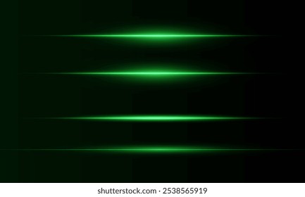 Linhas de velocidade horizontal verde neon. Linhas laser de luz. Luz neon horizontal. Listras brilhantes. Feixes de laser. linhas de luz de movimento e velocidade em cor neon. Um belo flash de luz e faíscas.