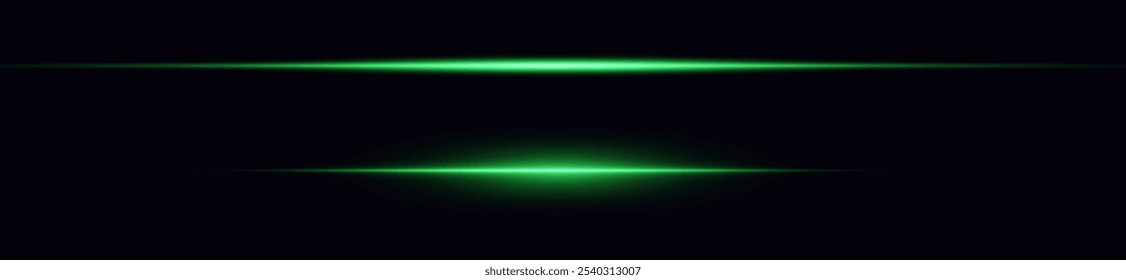 Linhas de velocidade horizontal verde neon. Linhas laser de luz. Luz neon horizontal. Listras brilhantes. Feixes de laser. linhas de luz de movimento e velocidade em cor neon. Um belo flash de luz e faíscas.