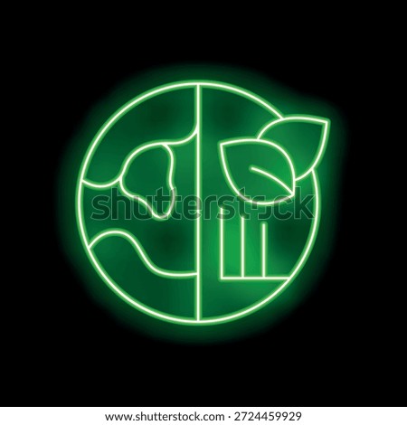 Neon green icon showing earth divided into industrial and natural areas, symbolizing environmental awareness