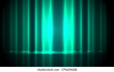 Neon green laser vector background. Retro electric studio interior.