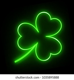 Neon green leaf clover on a black background for design on St. patrick's day. Glittering vector illustration with the symbol of the Irish holiday