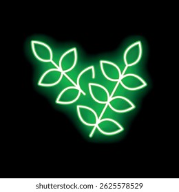 Neon green leaves branch glowing on black background, great for eco friendly concept