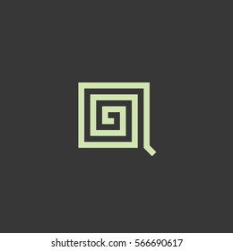 Neon green letter Q logo icon template with labyrinth shape on a black dark background