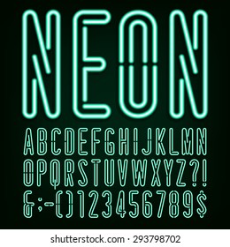 Neon Green Light Alphabet Font.
Narrow type letters, numbers and punctuation marks. Stock vector for your headlines, posters etc.