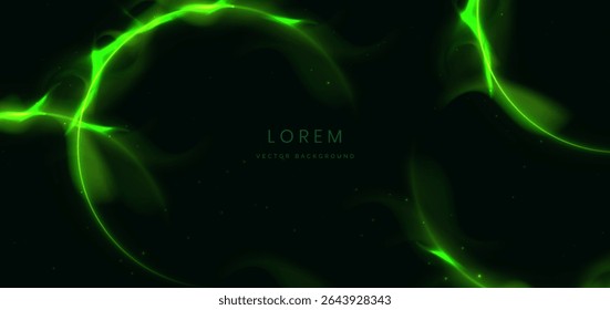Neon green light circles with sparkle on dark green background. Vector illustration