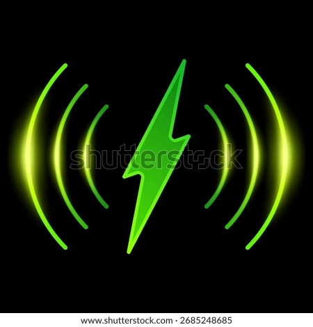 Neon green lightning with circular charge lines, glow effect, isolated black background. Wireless charger. Energy and power level. Application indicator. Vector illustration. Icon.