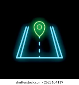 Ícone verde neon do pino da localização que aparece sobre uma estrada no fundo preto