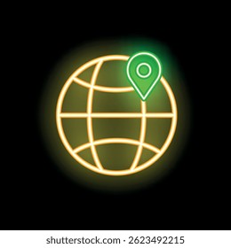 Neon green location pin is marking a location on a world globe with glowing neon lines on a black background