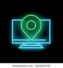Neon green map pin icon glowing over a computer screen on a black background
