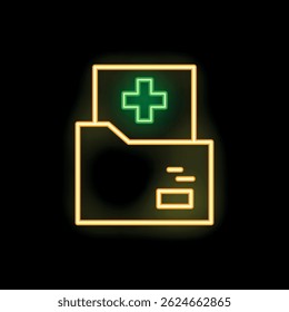Neon green medical history icon glowing on black background
