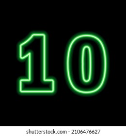 Neon green number 10 on black background. Serial number, price, place. Vector illustration