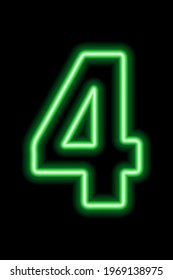 Neon green number 4 on black background. Learning numbers, serial number, price, place. Vector illustration