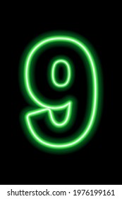 Neon green number 9 on black background. Learning numbers, serial number, price, place. Vector illustration
