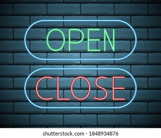 Neon green open and red close glowing signs in geometric shape on a brick wall background. Vector illustration