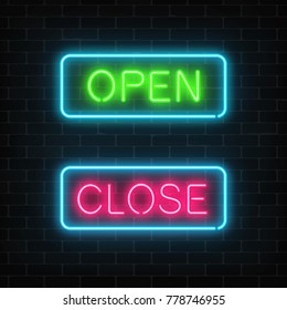 Neon green open and red close glowing signs in geometric shape on a brick wall background. Vector illustration.