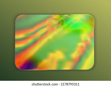 Neon green orange plate with fluid gradient blurred patterns. Glass morphism screen shape element. Funky hologram gradient background.