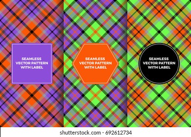 Neon Green, Orange, Purple and Black Tartan Seamless Patterns with Label Frames. Halloween Colors Background Textures & Badges. Copy Space for Text. Set of Design Templates for Treat Bags or Gift Wrap