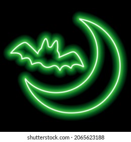 Neon green outline of a bat and moon on a black background. Halloween. Vector illustration
