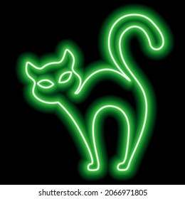 Borde verde neón de un gato sobre un fondo negro. Gato brujo, Halloween. Ilustración del vector