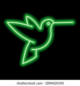 Neon green outline of hummingbird on a black background. One object. Vector icon illustration