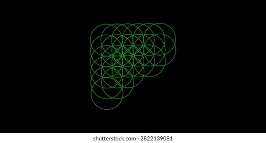 Neon green overlapping circles form a triangular geometric pattern on a black background, evoking abstract symmetry, digital grid aesthetics, sacred geometry and minimalist tech-inspired design for backgrounds or illustrations.

