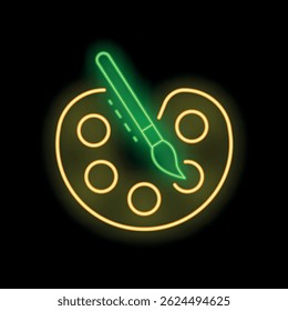 Neon green paintbrush mixing colors on a neon yellow artist's palette