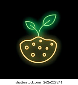 Neon green plant growing from ground icon illustration on black background