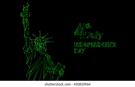 Neon green polygonal mesh Statue of Liberty illustration. Independence Day background for greeting card with a monument in New York City. Vector low poly lines and dots.