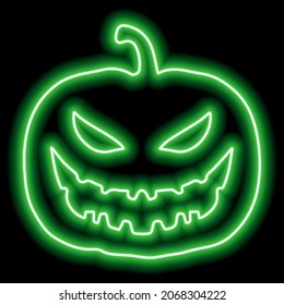 Neon green pumpkin outline for halloween with cut out evil face on black background. Vector illustration