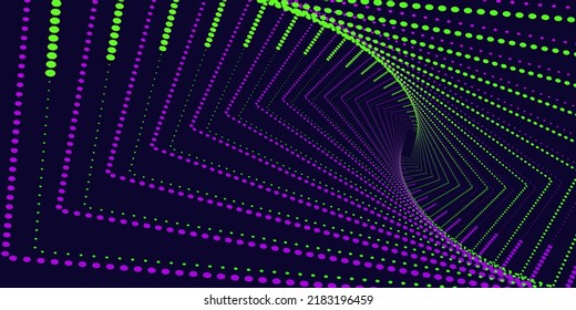 Neon green purple dotted line on dark background. Optical illusion. Innovation technology. Art trippy geometric digital screen. Template. Virtual reality. Online data storage concept. 6G. Big tech. AI