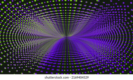 Neon green and purple glowing circle on black background. Optical illusion. Dots. Innovation technology concept. Art trippy digital screen. Luxury Backdrop. Banner. Template. NFT card. Virtual reality